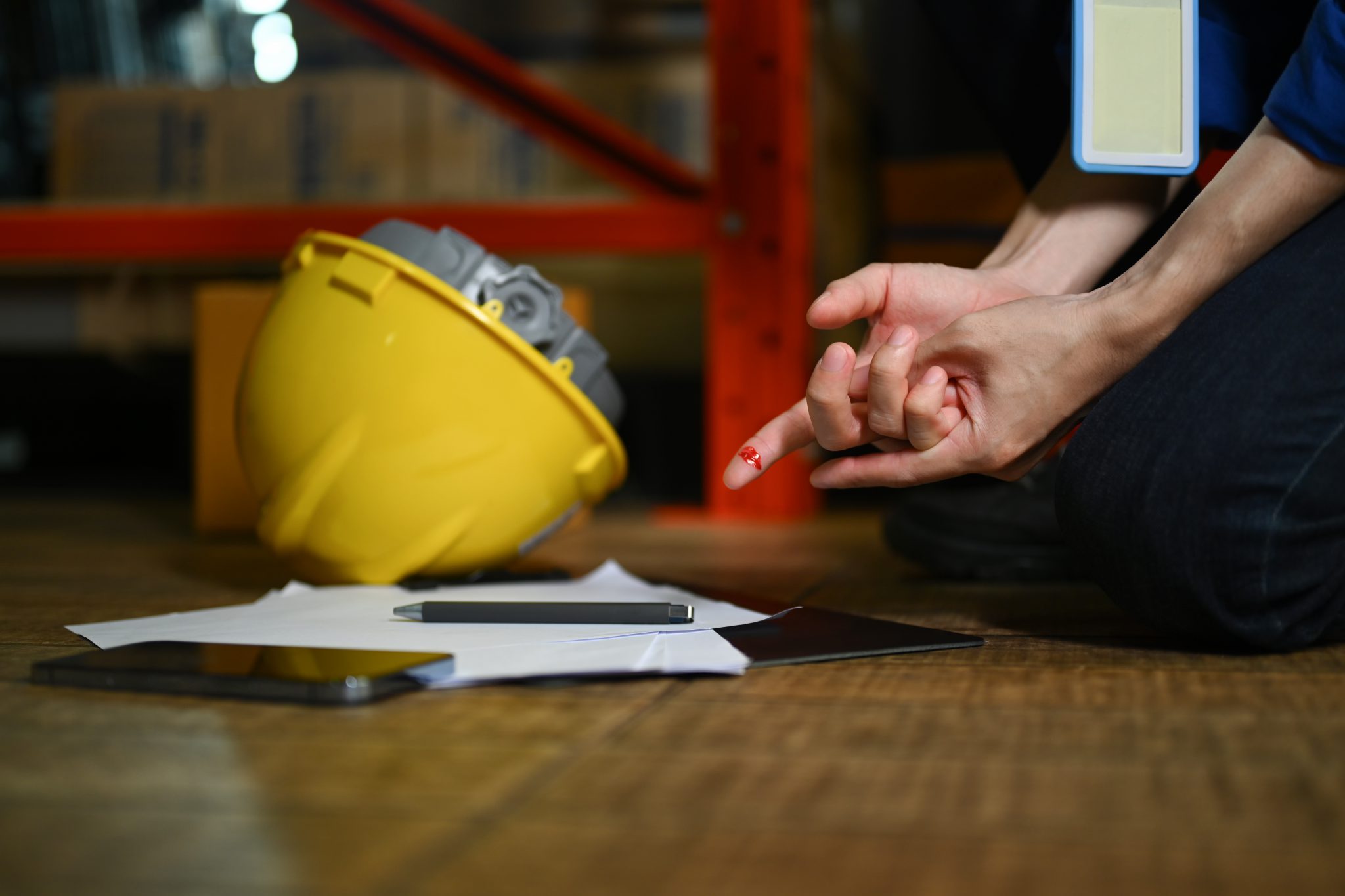 Trabalhador em ambiente industrial com pequeno ferimento no dedo, ao lado de um capacete de segurança amarelo e documentos, representando um acidente de trabalho.